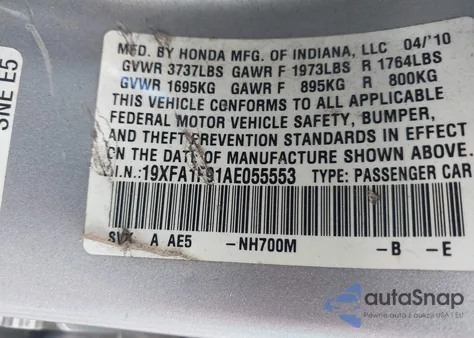 2010 Honda Civic Ex-L из США, поврежденный, VIN 19XFA1F91AE055553